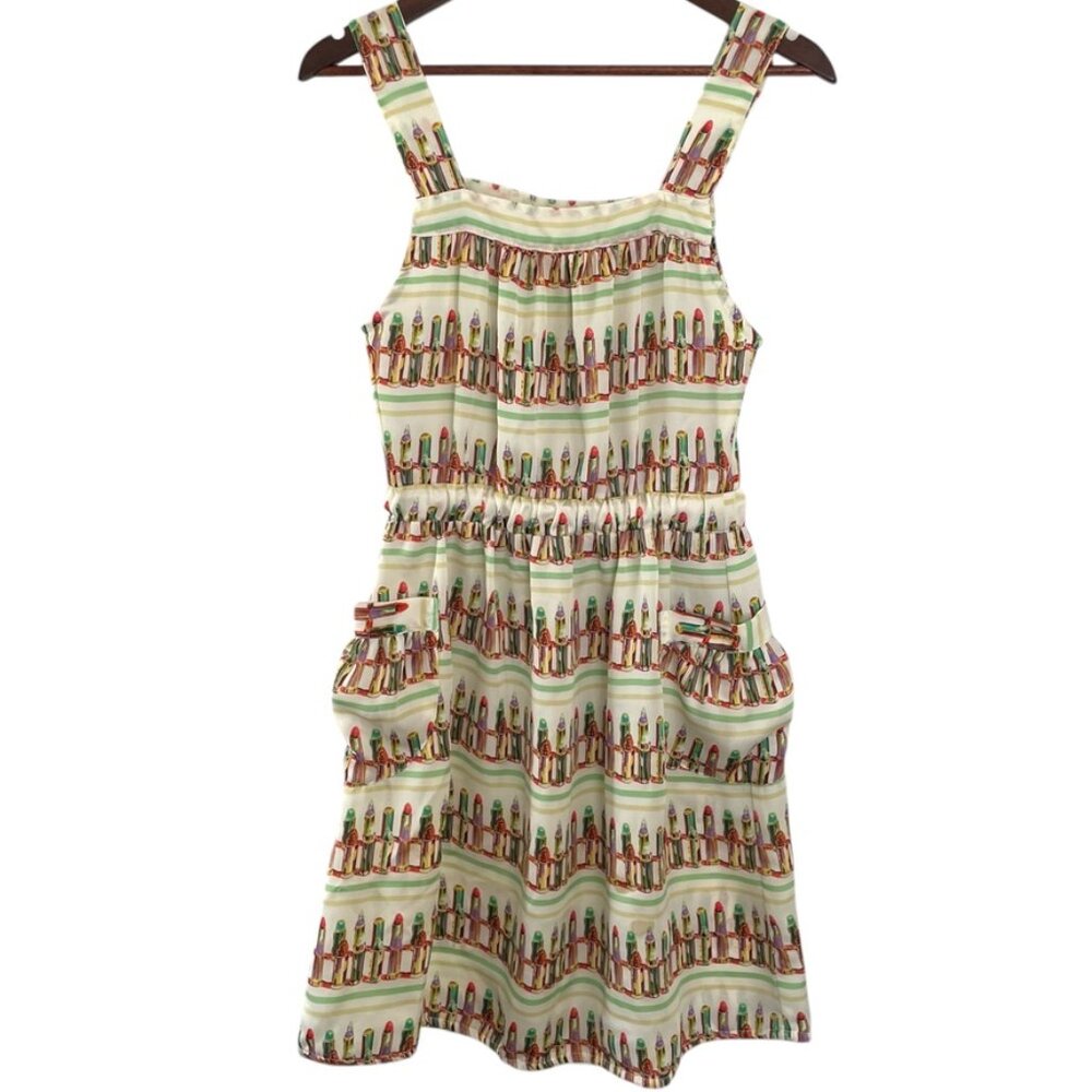 Fairground A Line Sun Dress Small S Retro 50s Lipstick Print Apron Style Pockets
